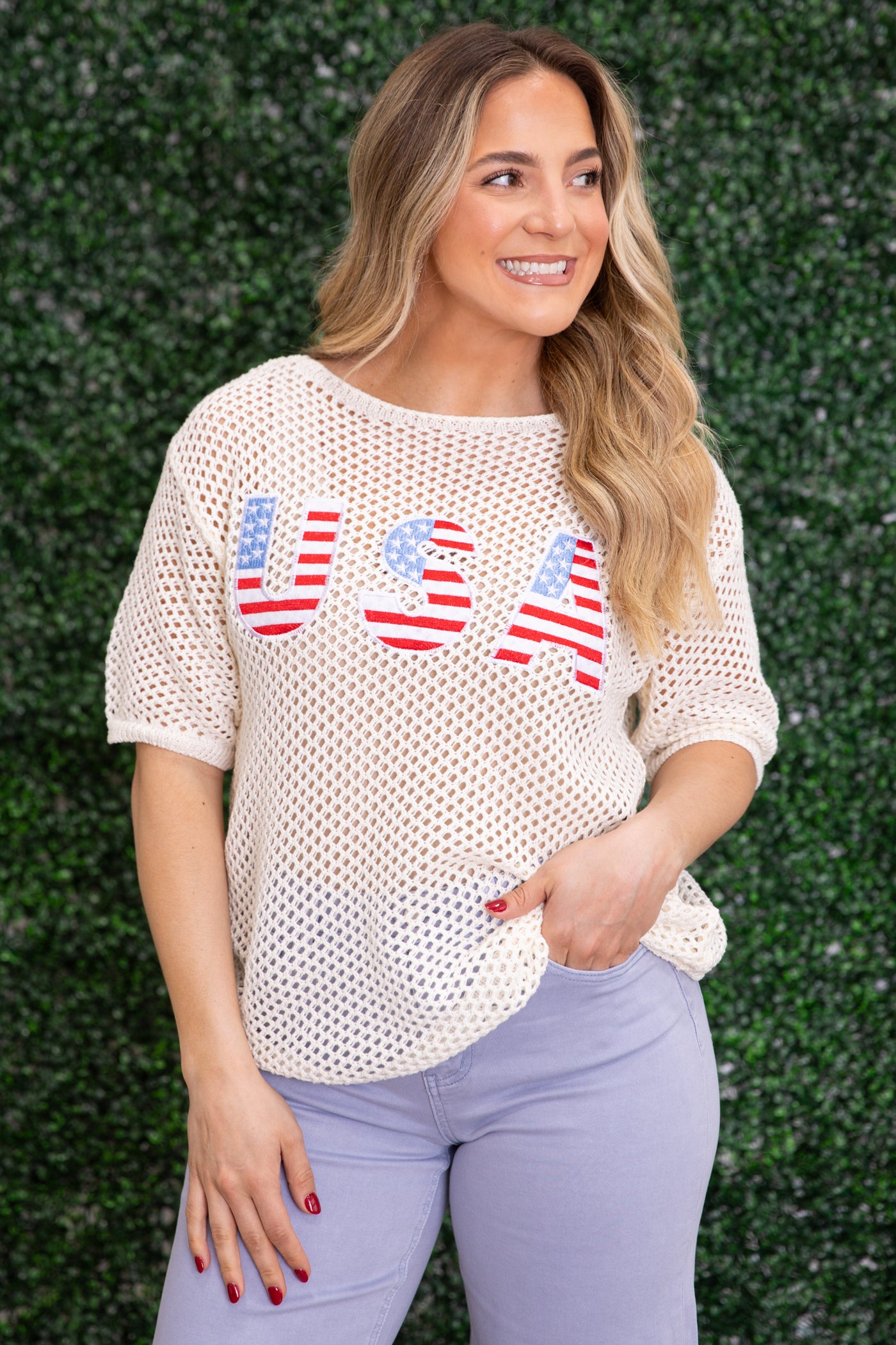 Ivory Pointelle American Flag USA Knit Top