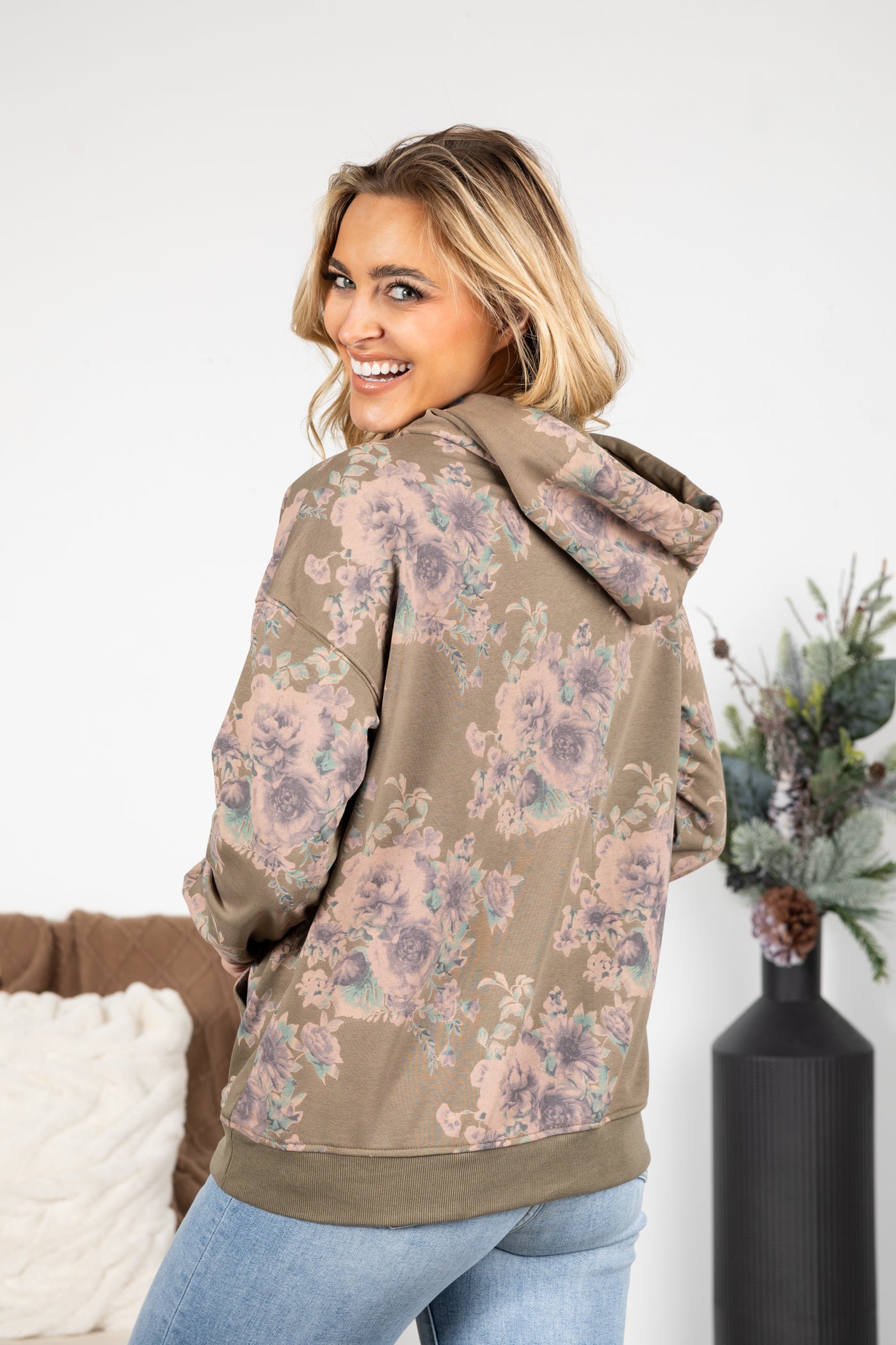 Floral Print Hooded Top With Pocket