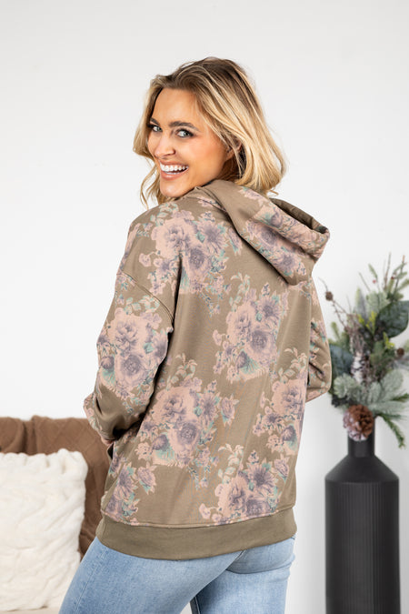 Floral Print Hooded Top With Pocket