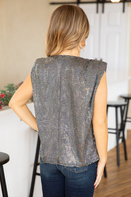 Black Sequin Padded Shoulder Top