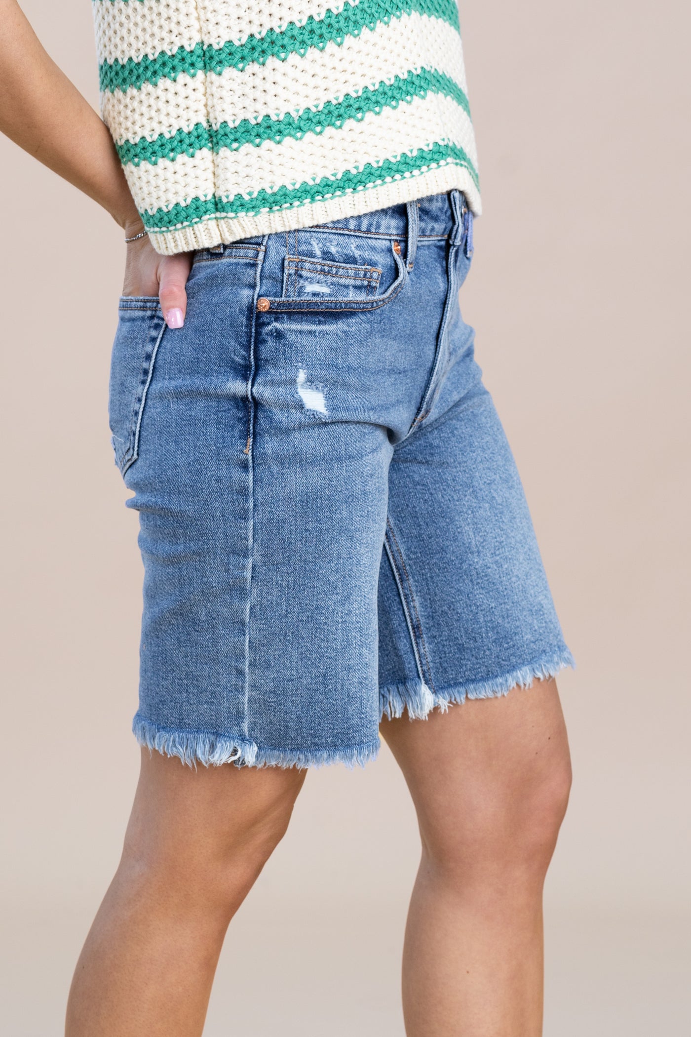 Sneak Peek Slight Hip Distress Bermuda Shorts