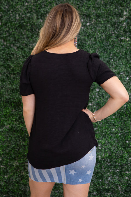 Black Woven Short Sleeve High Low Top