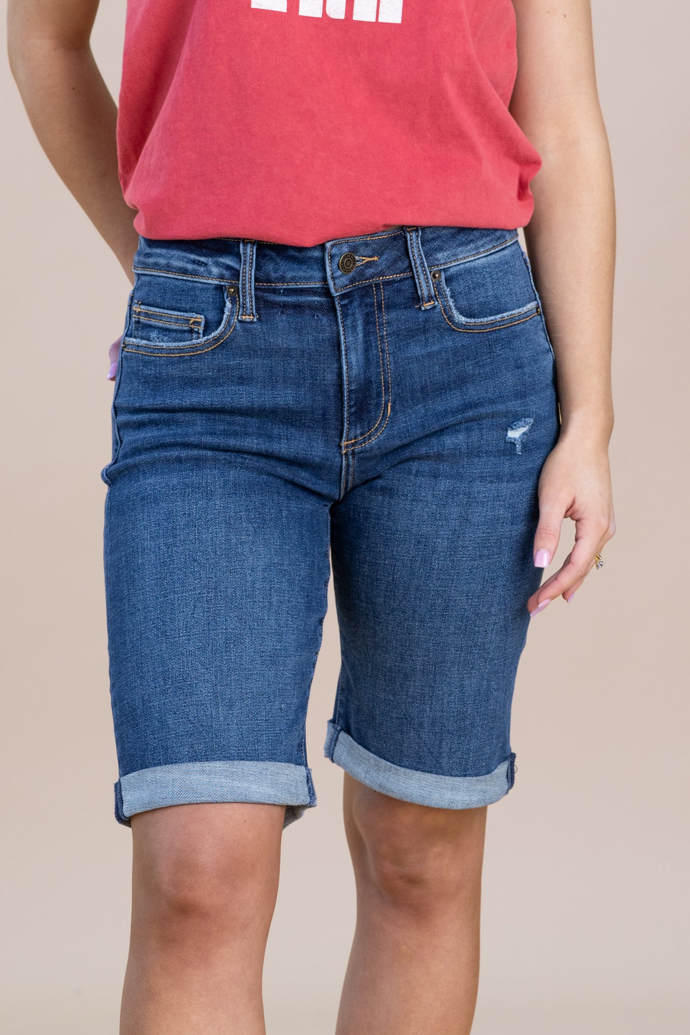 Sneak Peek Dark Wash Stretch Bermuda Shorts