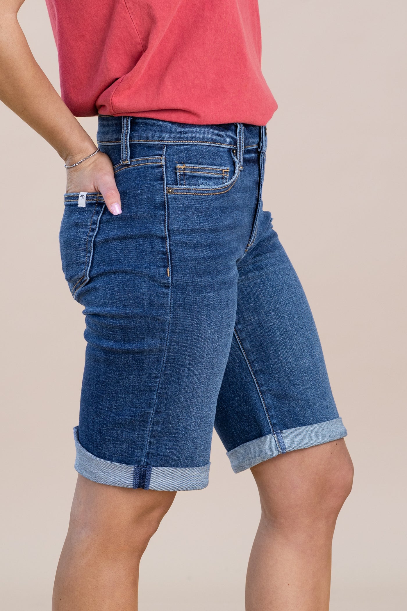 Sneak Peek Dark Wash Stretch Bermuda Shorts