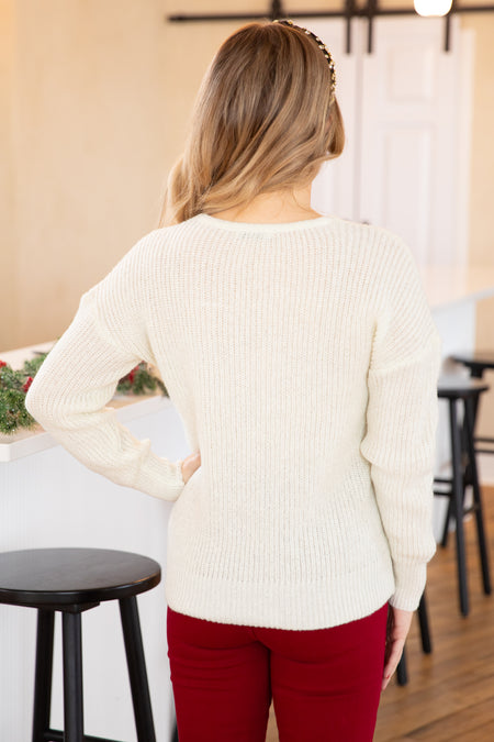 Ivory V-Neck Sweater With Center Seam