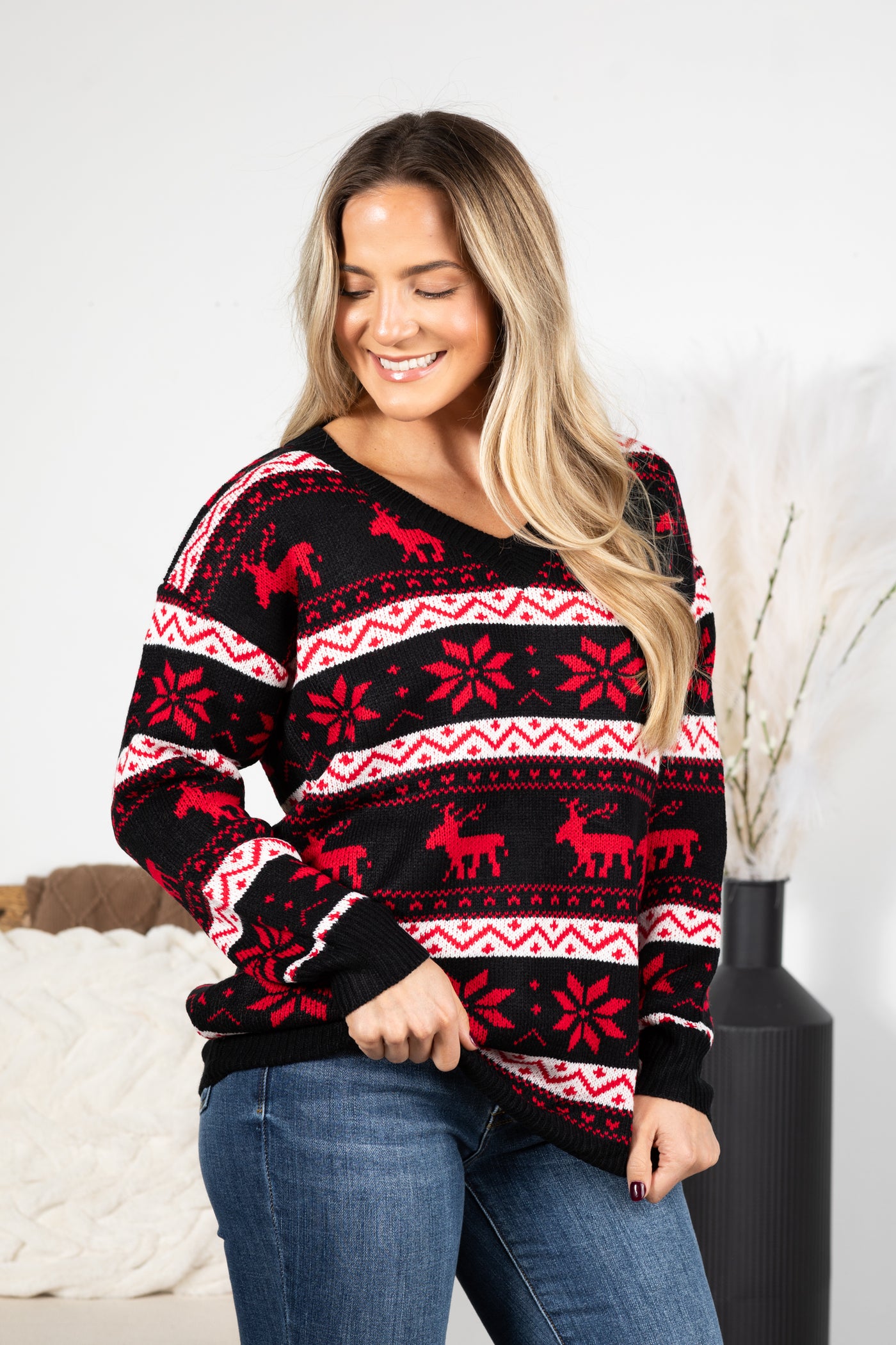 Black and Red Reindeer Christmas Sweater