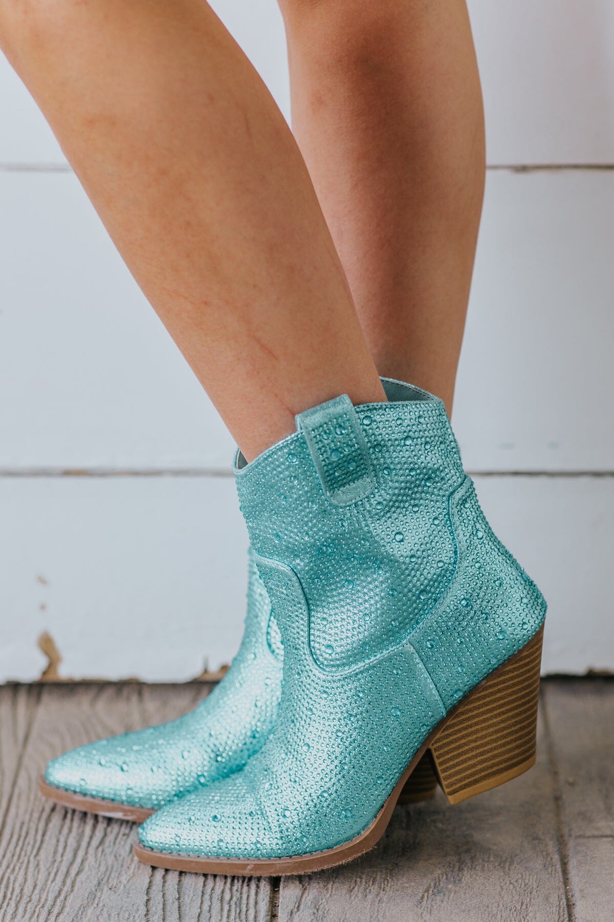 Sky Blue Rhinestone Point Toe Western Bootie - Filly Flair