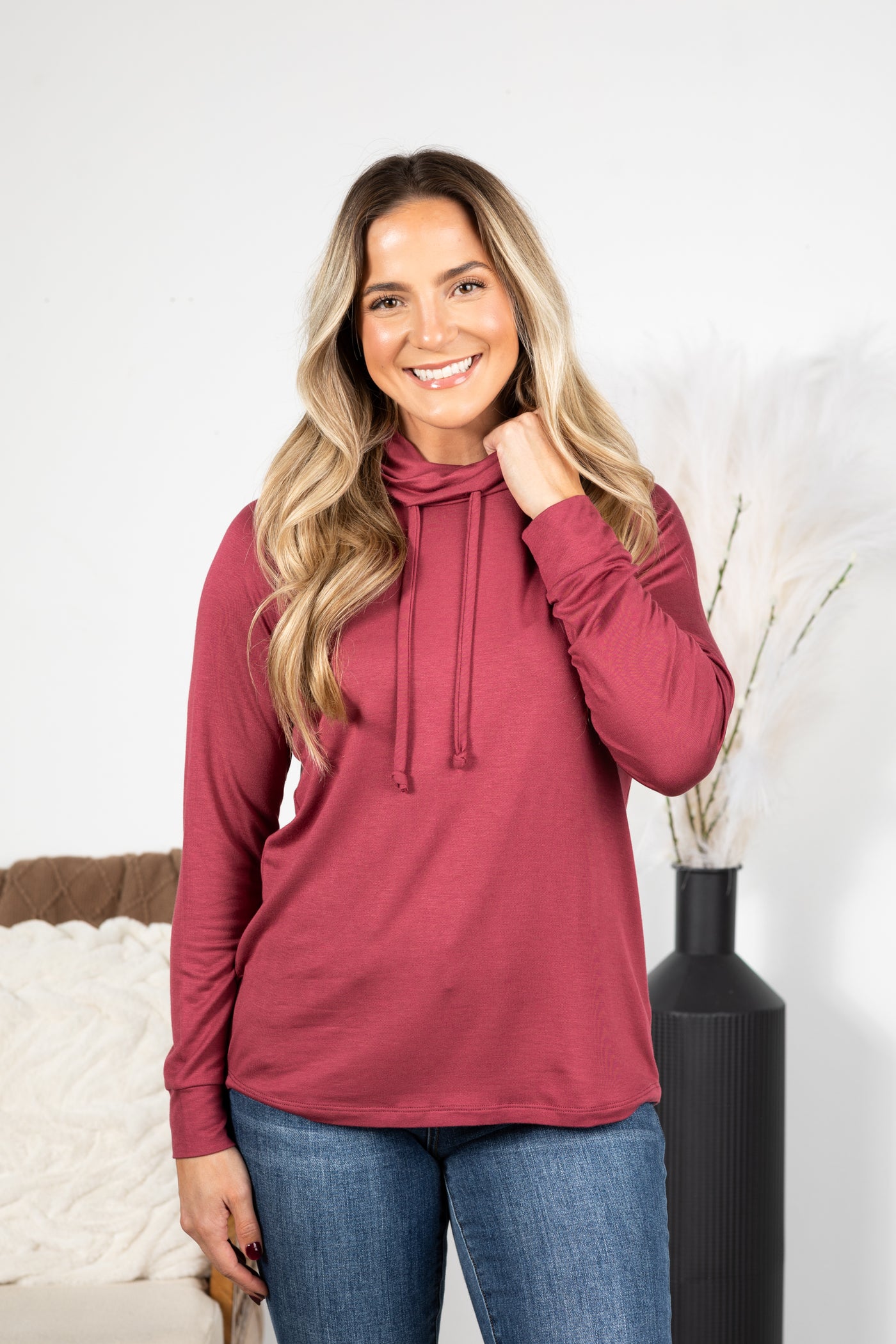 Drawstring Cowl Neck Knit Top