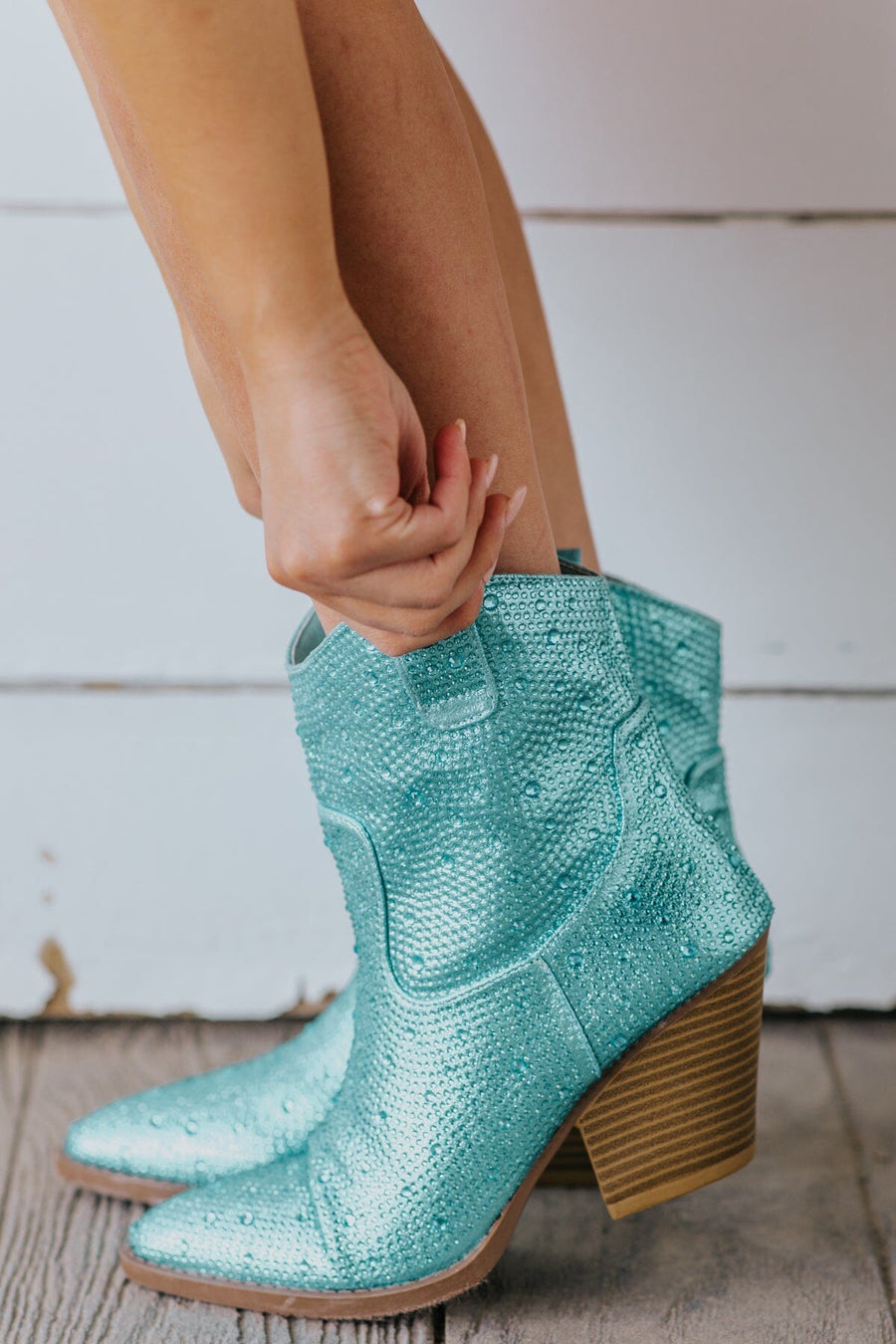 Sky Blue Rhinestone Point Toe Western Bootie - Filly Flair