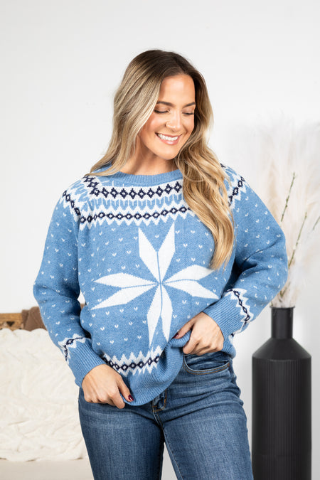 Cornflower Holiday Snowflake Printed Sweater