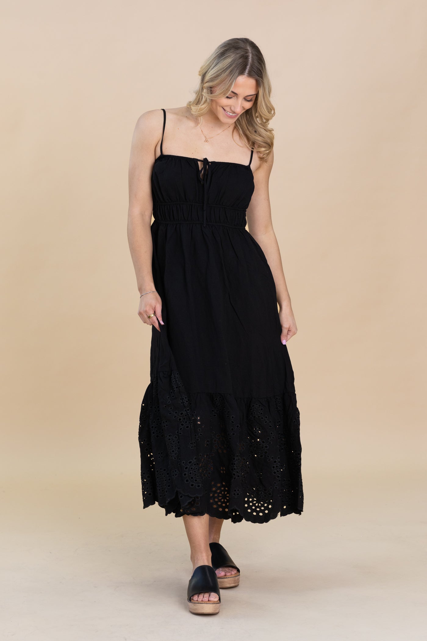 Black Front Eyelet Scallop Hem Midi Dress