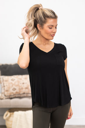 Black V-Neck Tee With Pocket