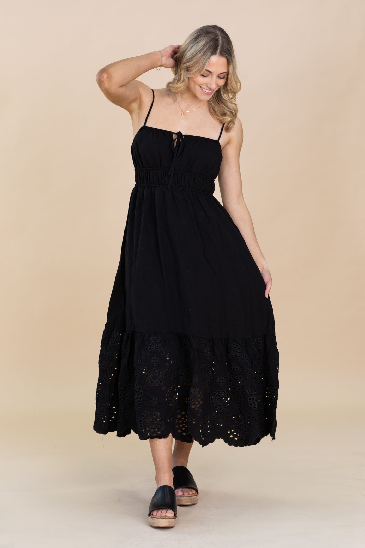 Black Front Eyelet Scallop Hem Midi Dress