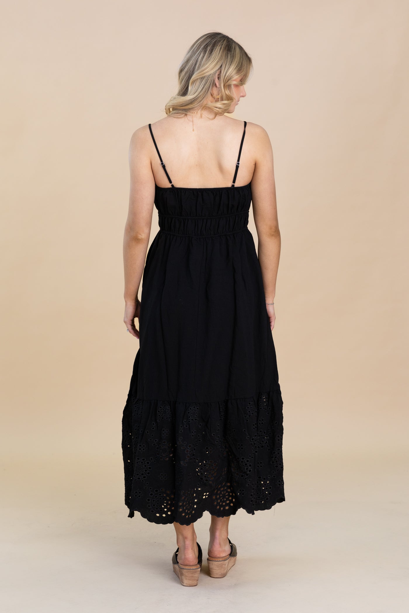 Black Front Eyelet Scallop Hem Midi Dress