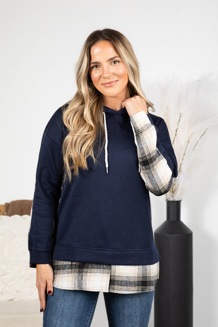 Navy Plaid Brushed Hoodie Top