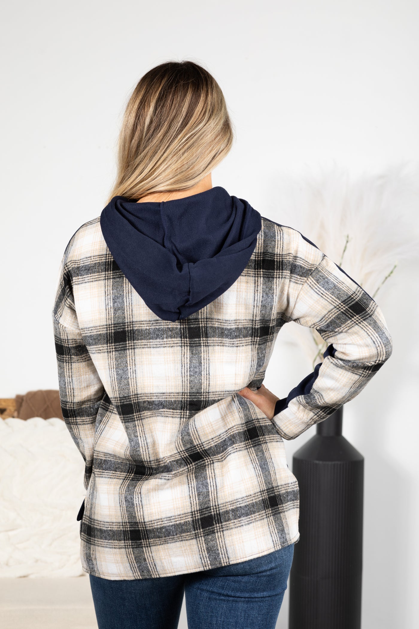 Navy Plaid Brushed Hoodie Top