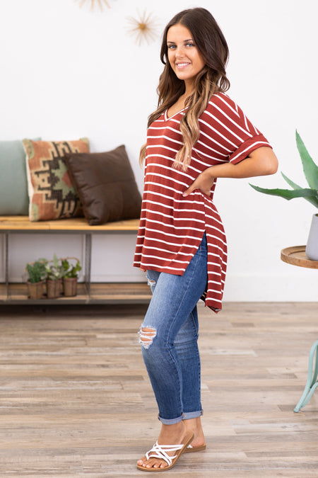 Rust and Off White Stripe V-Neck Top - Filly Flair