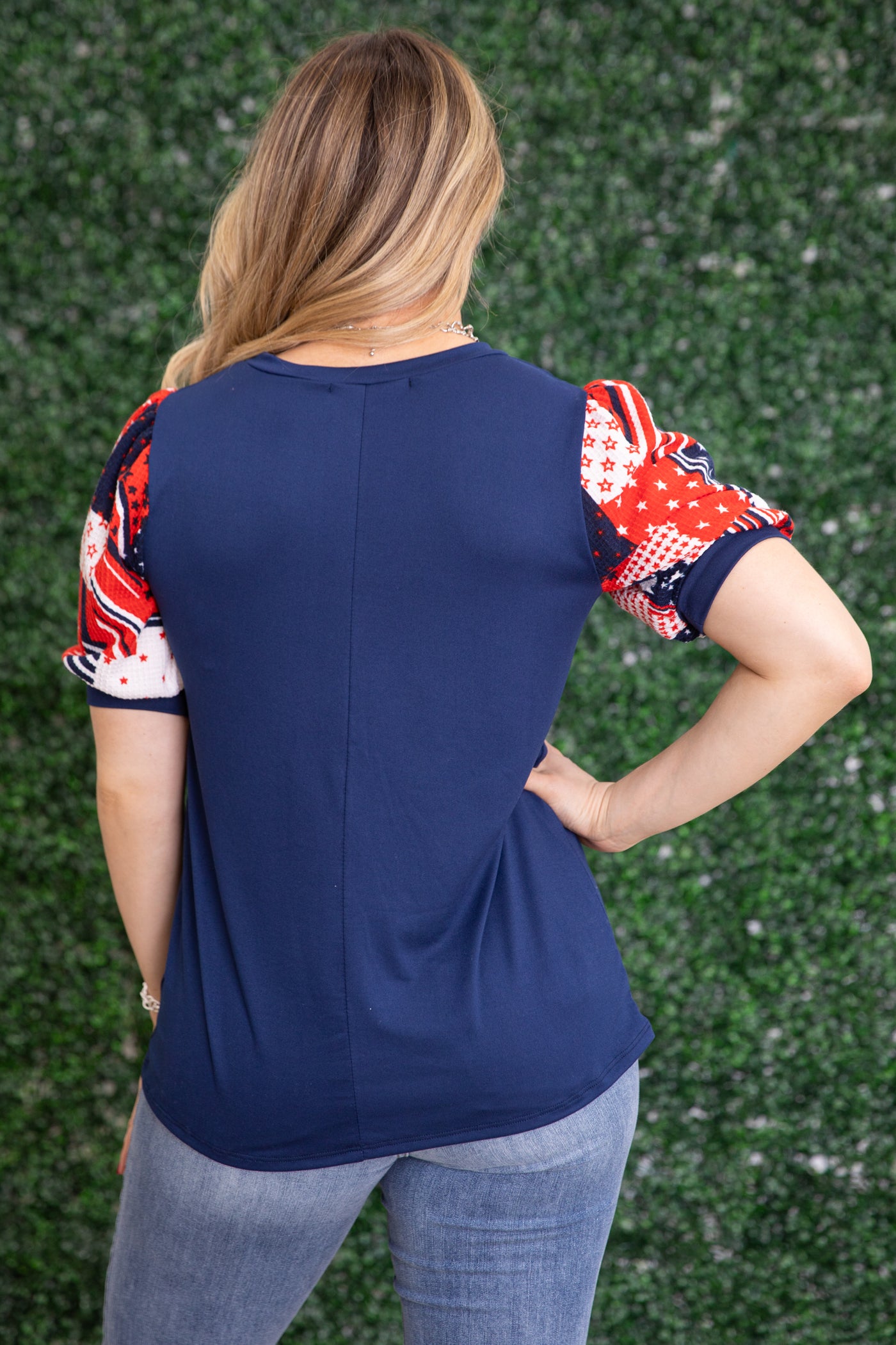 Navy Star And Stripe Puff Sleeve Knit Top