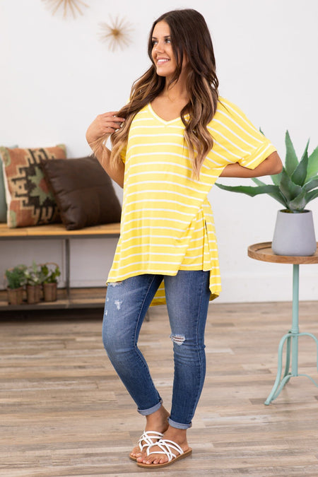 Yellow and Off White Stripe V-Neck Top - Filly Flair