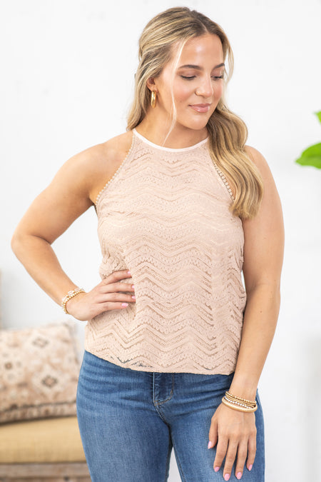 Dusty Rose Lace Trim Halter Neck Woven Top