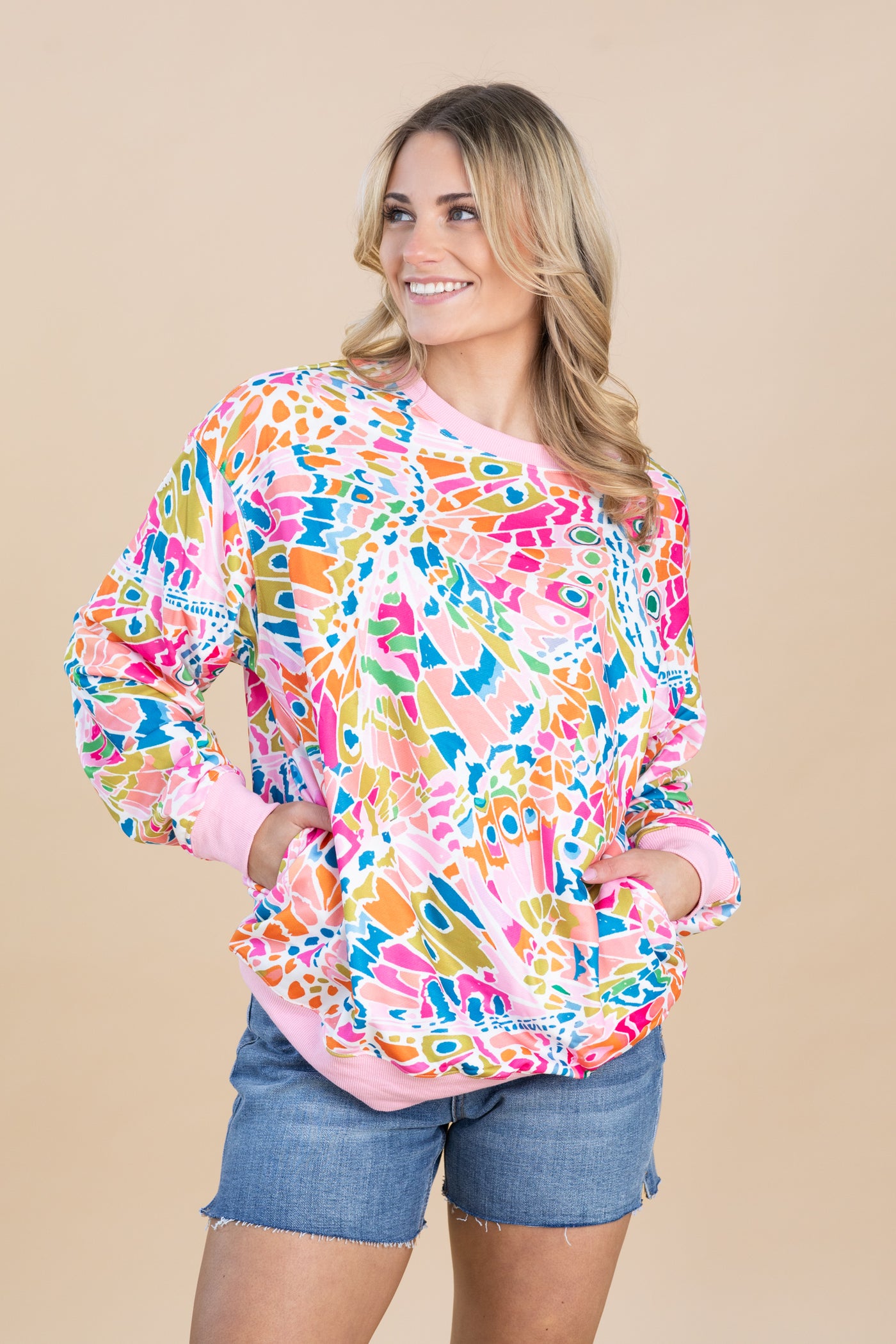 Pink Abstract Printed Drop Shoulder Sweatshirt