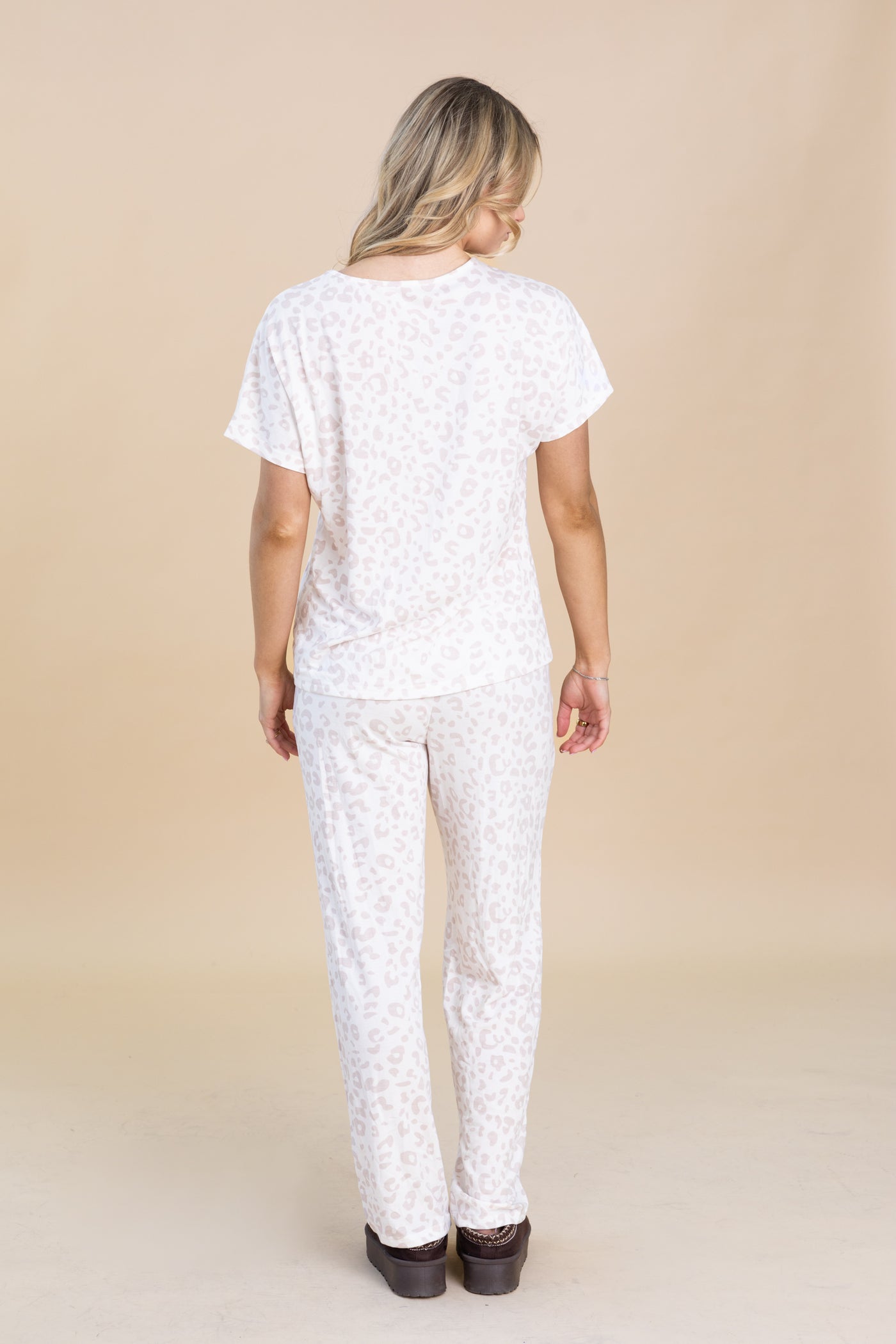 Beige Cheetah V-Neck Tee And Pant Set