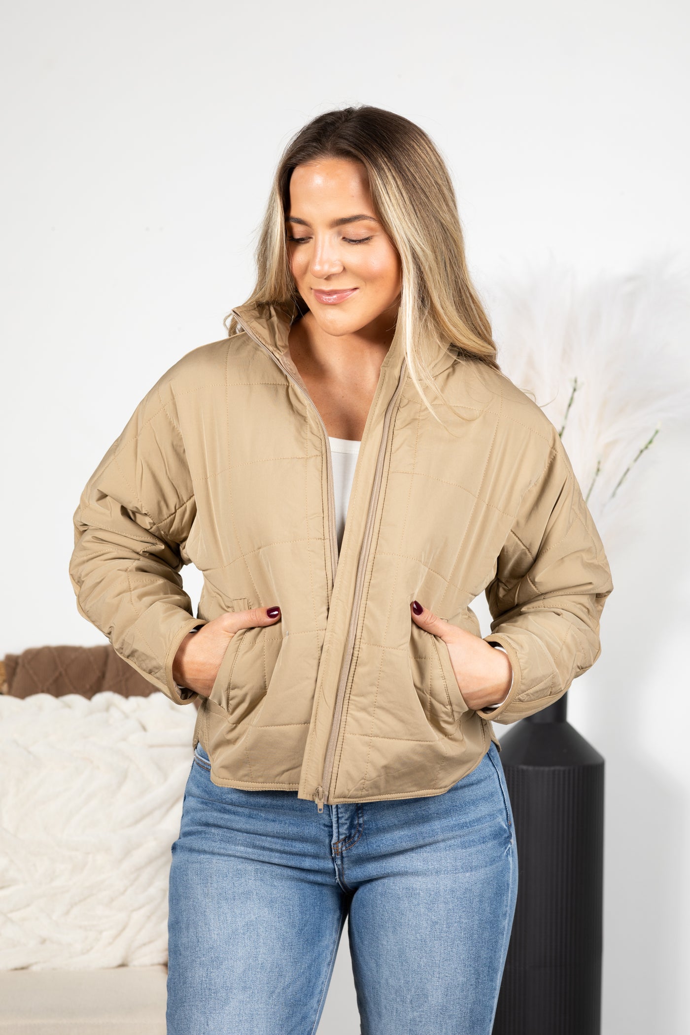 Taupe Packable Solid Zip-Up Jacket