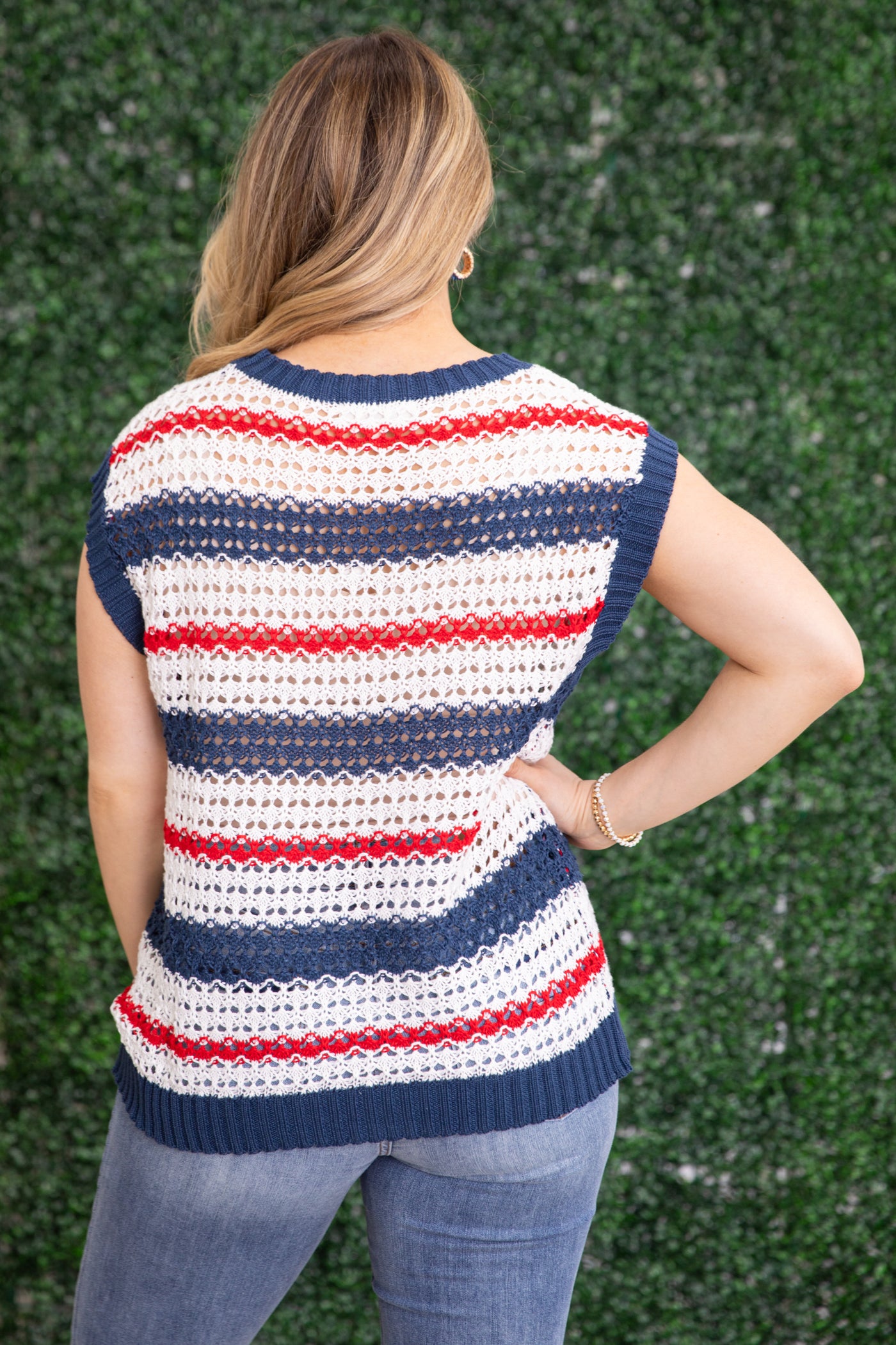 Navy and Red Stripe Netted Crochet Knit Top