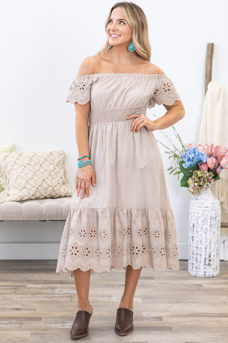 Beige Eyelet Lace Cotton Dress