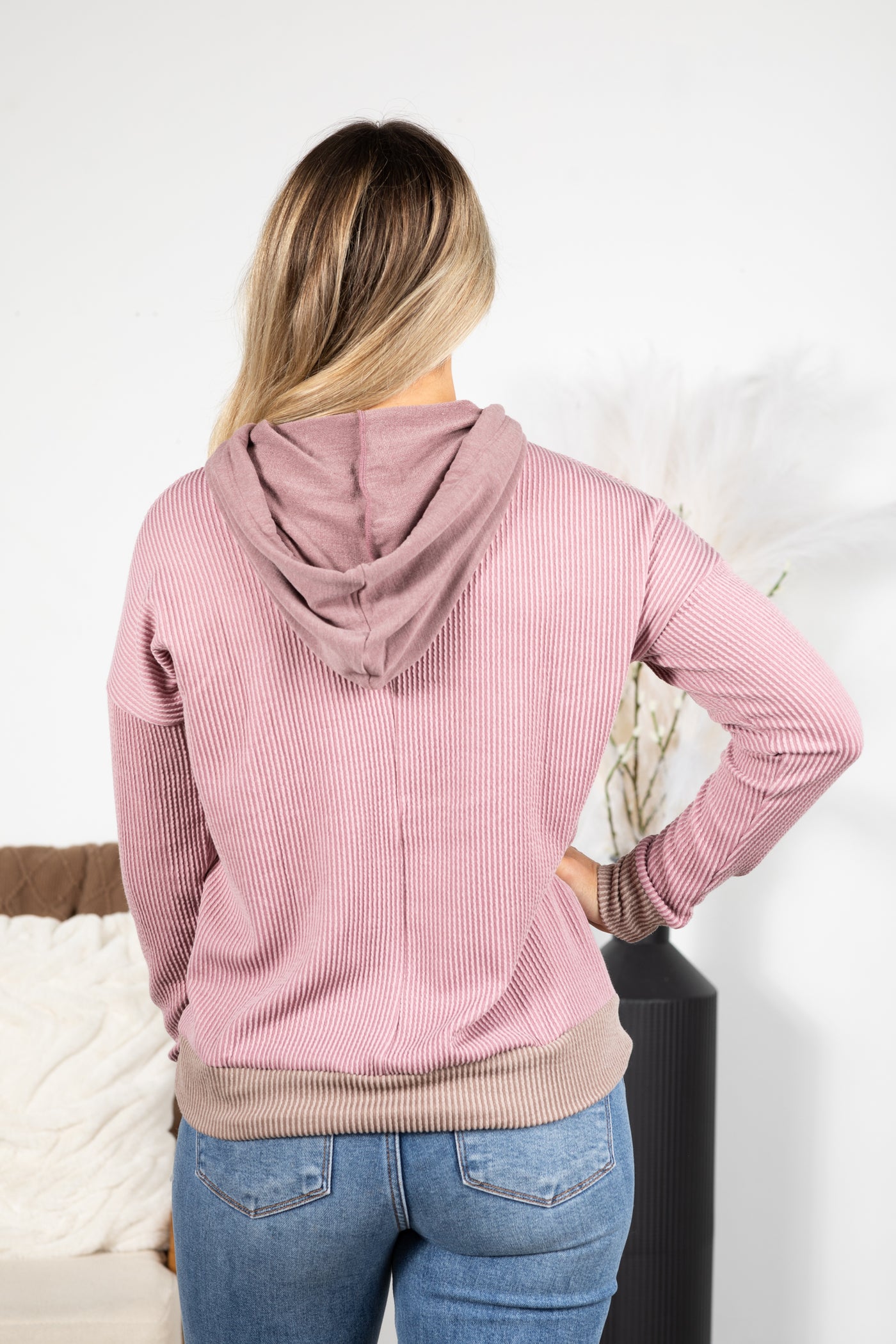 Ribbed Drawstring Hoodie Knit Top With Pocket