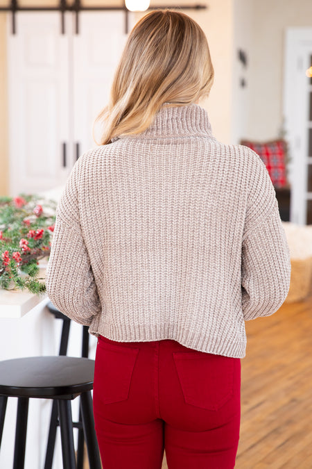 Dark Beige Chenille Turtleneck Sweater