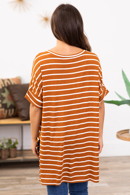 Cinnamon and Off White Stripe V-Neck Top - Filly Flair