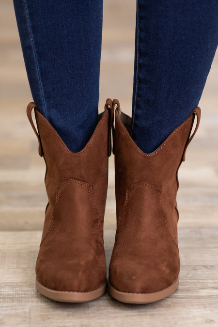 Dark Cognac Faux Suede Western Booties