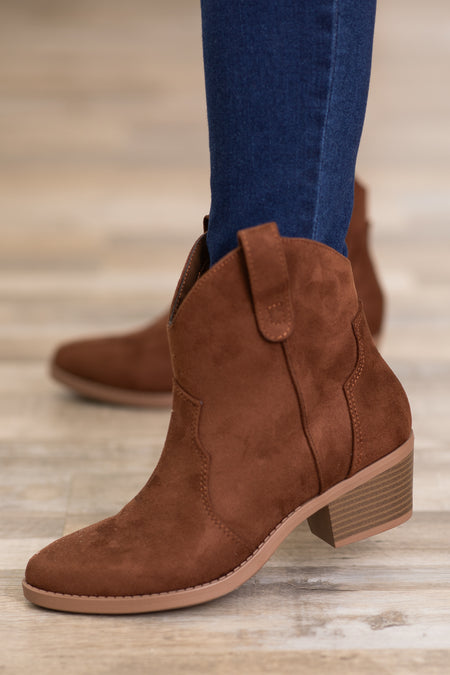 Dark Cognac Faux Suede Western Booties