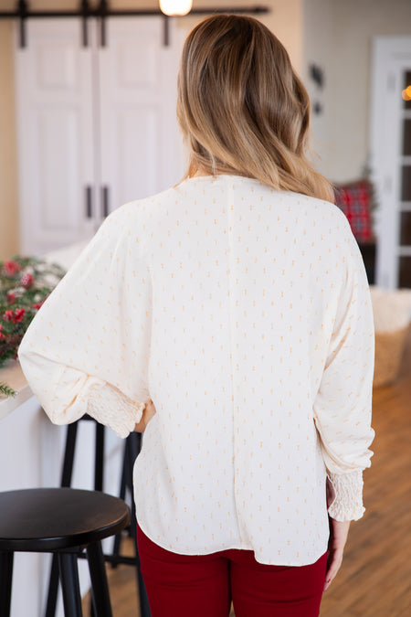 Cream Smocked Cuff Top With Lurex