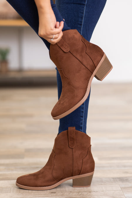 Dark Cognac Faux Suede Western Booties