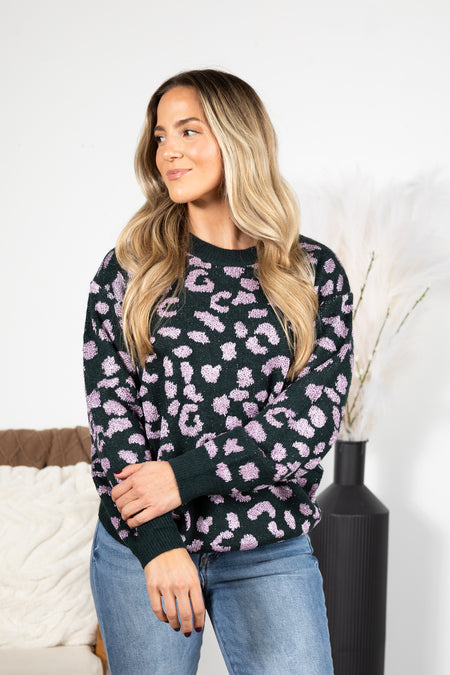 Black Sequin Leopard Print Knit Sweater