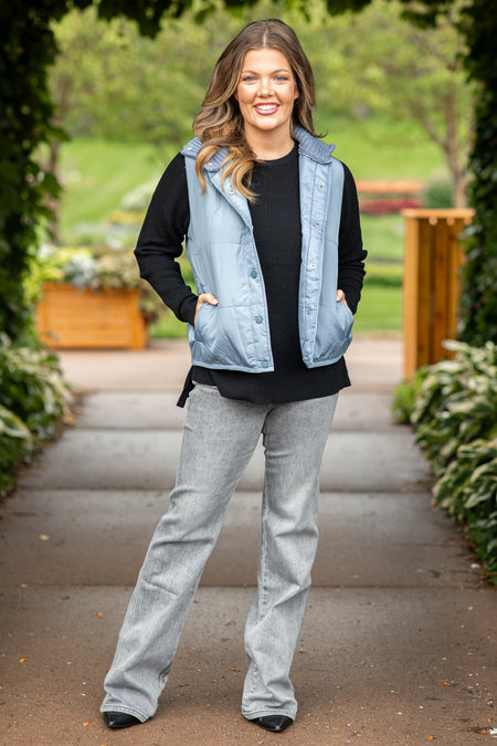 Dusty Blue Snap Front Vest With Sweater Back