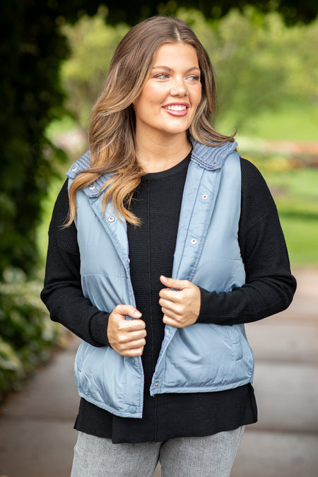 Dusty Blue Snap Front Vest With Sweater Back