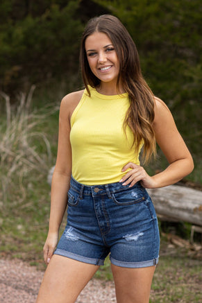 Yellow Ribbed Fitted Tank Top - Filly Flair