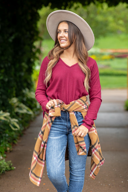 Burgundy V-Neck Ribbed Top With Thumbholes