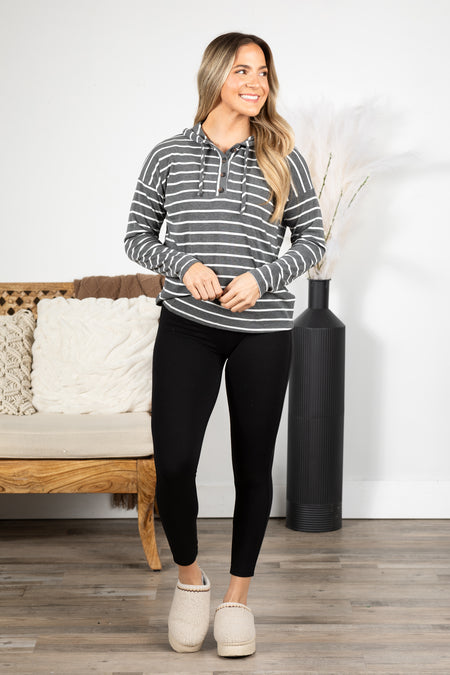 Striped Drawstring Half Button Hoodie Knit Top