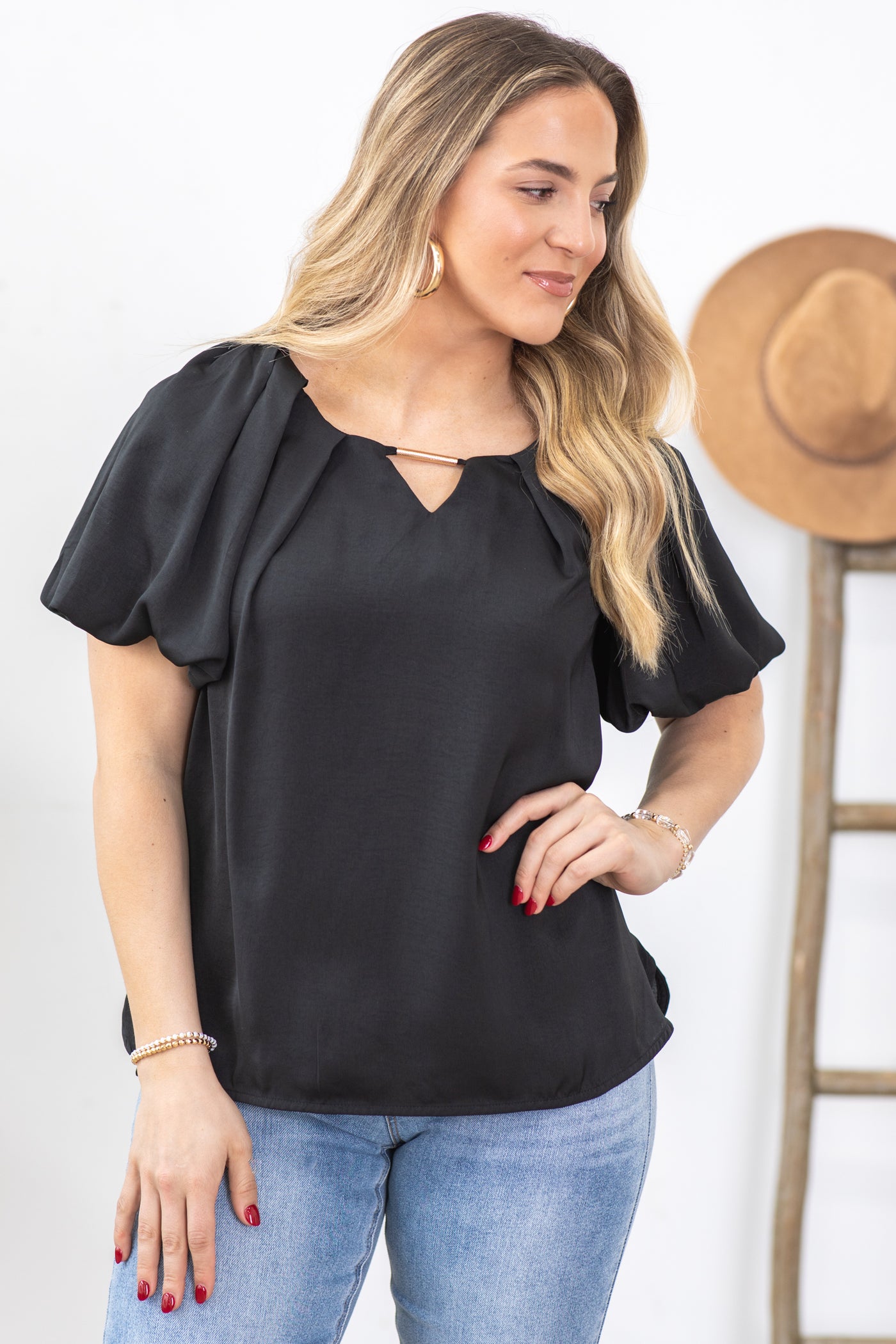 Black With Gold Bar Puff Sleeve Woven Top