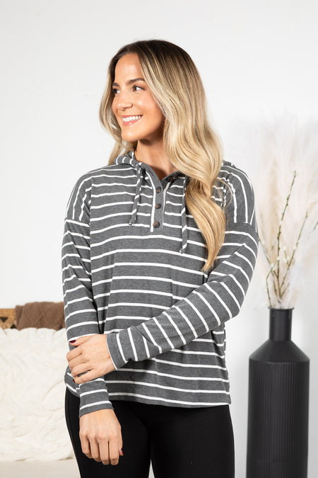 Striped Drawstring Half Button Hoodie Knit Top