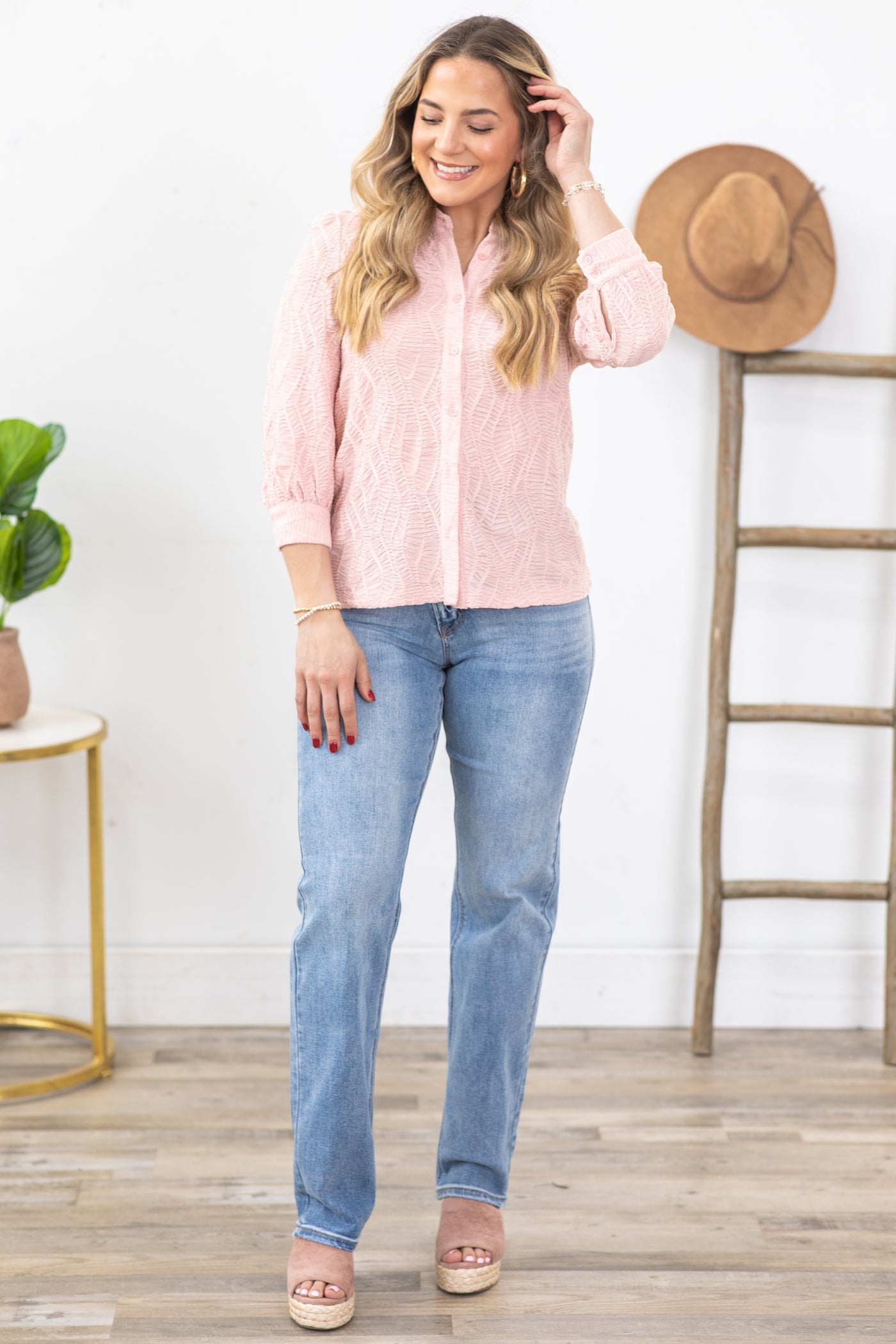 Blush Embossed Texture Button Up Woven Top
