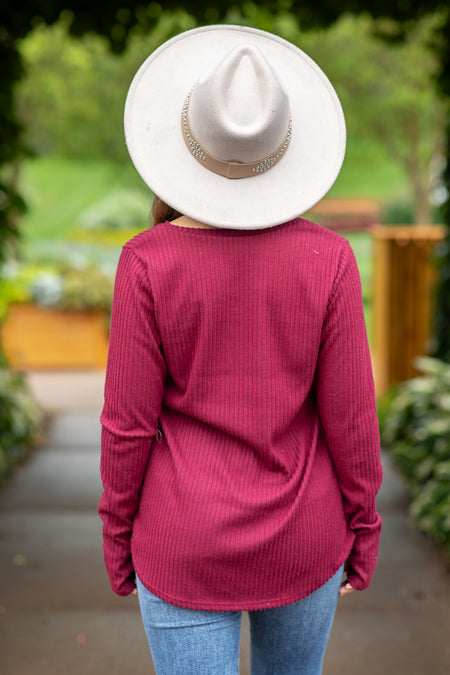 Burgundy V-Neck Ribbed Top With Thumbholes