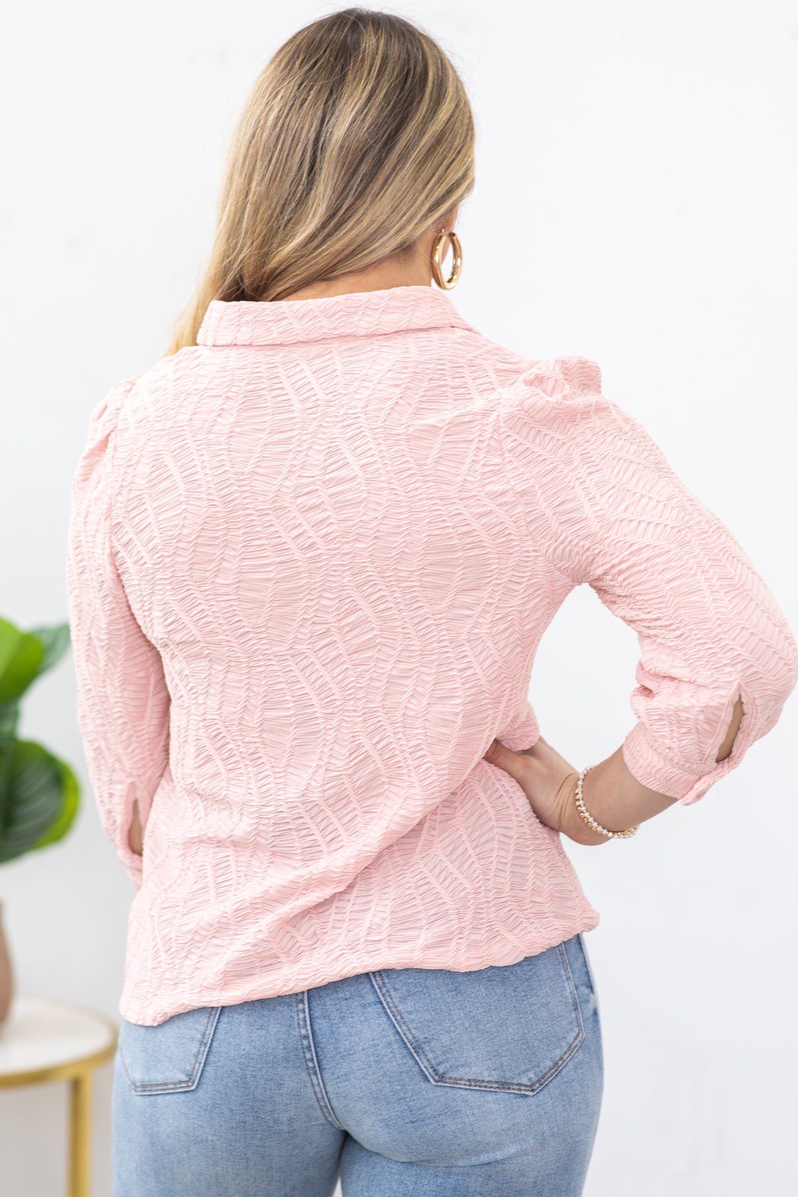 Blush Embossed Texture Button Up Woven Top