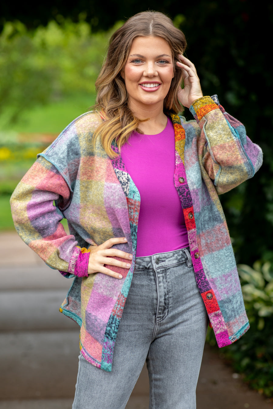 Orchid Multicolor Abstract Plaid Cardigan