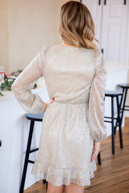 Silver Metallic Long Sleeve Wrap Dress