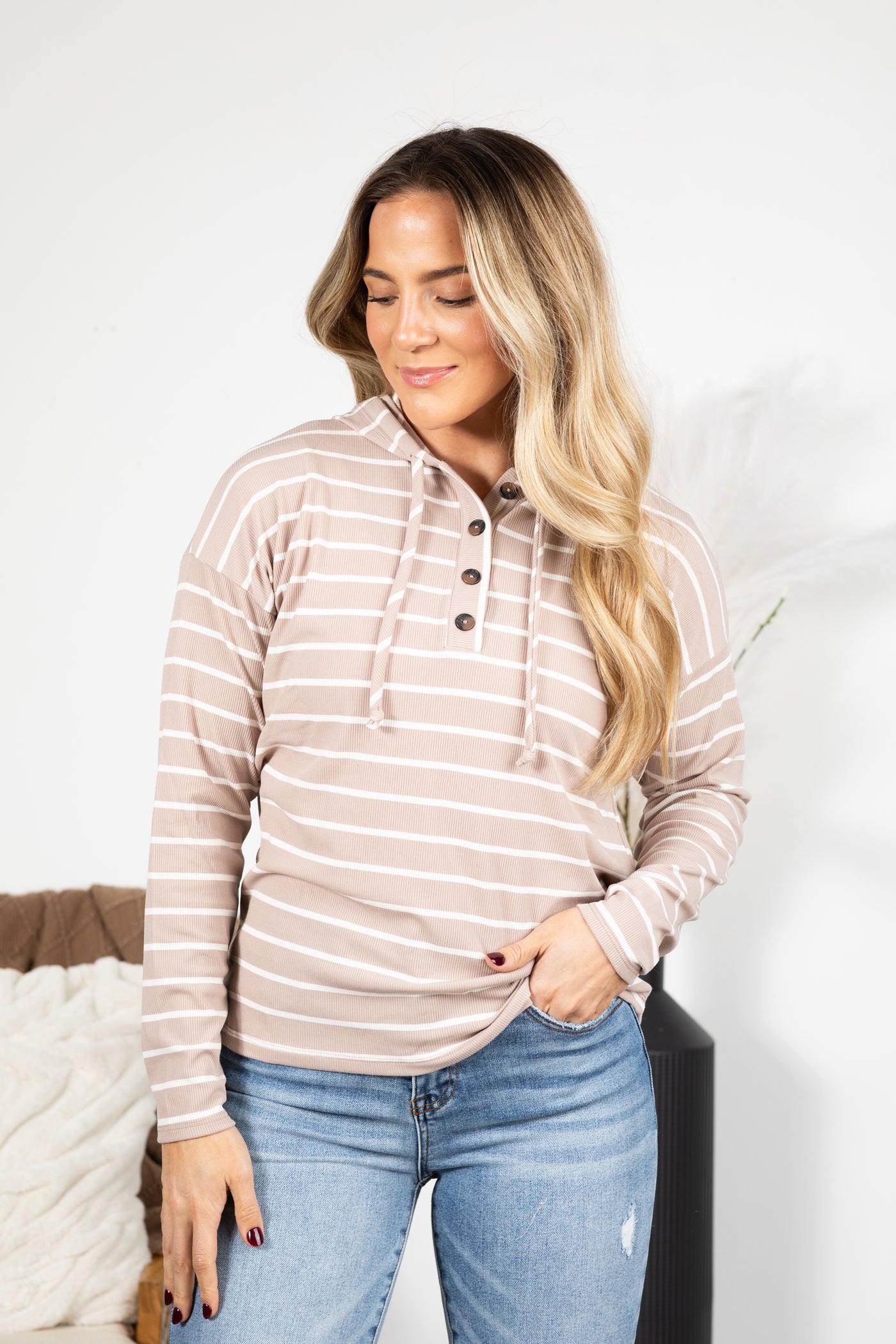 Striped Drawstring Half Button Hoodie Knit Top